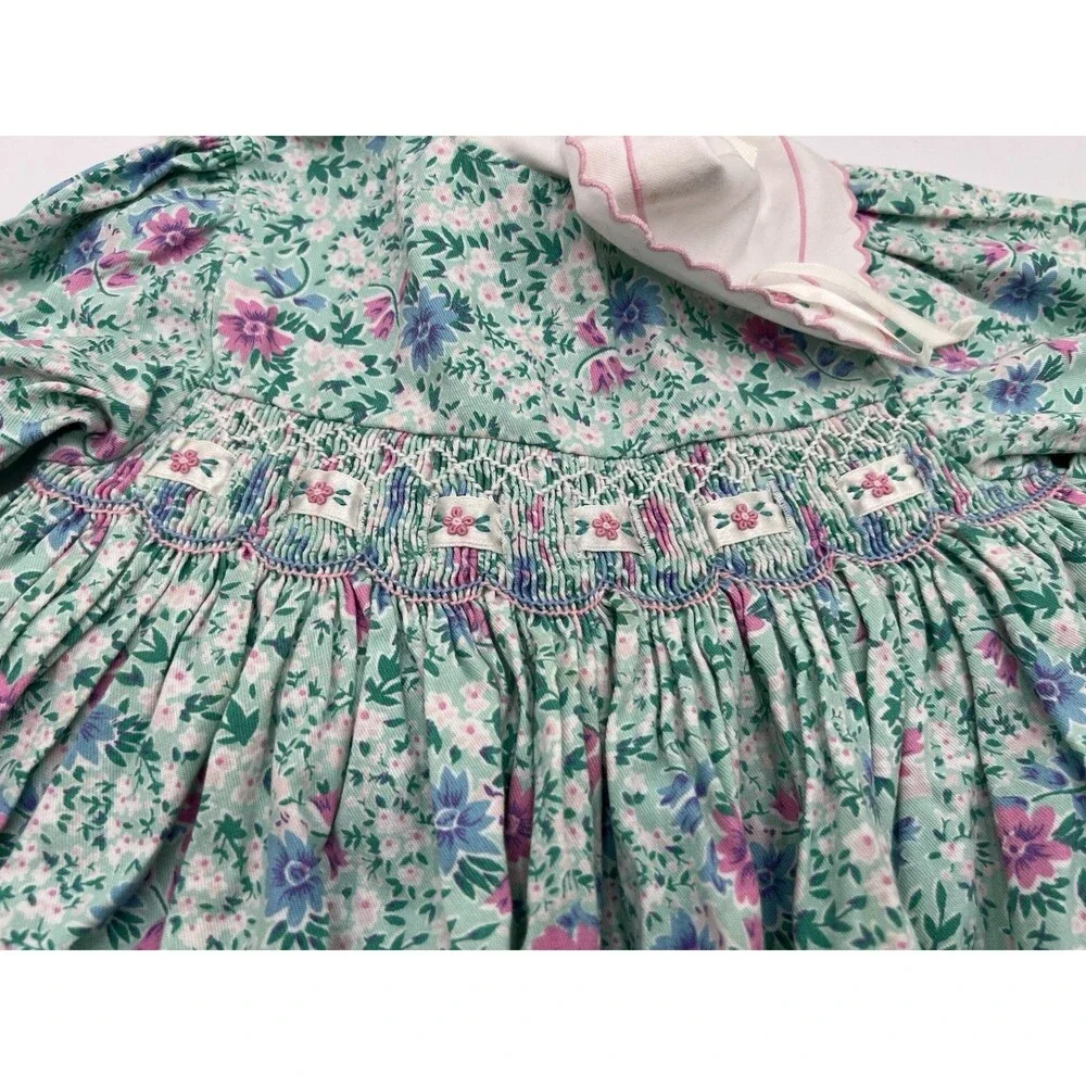 Vintage Rosey Kids Smocked Bishop Dress Girl 3T Blue Floral Embroidery